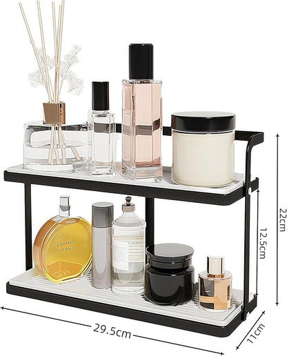Bathroom Countertop Organizer for Small Spaces, 2-Tier Makeup Shelf with Vanity Tray, Tool-Less Installation Skincare & Perfume Organizer, Non-Slip Design for Dresser（White&Black） (Black)