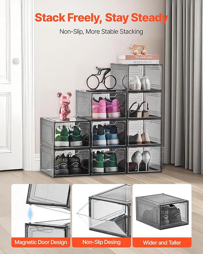 VEVOR Shoe Storage Boxes, 9 Pack Clear Stackable Shoe Boxes Storage Organizers with Magnetic Door, Fit up to US Size 13, Plastic Sneaker Containers for High Heels, Boots, and Hats, Transparent Black