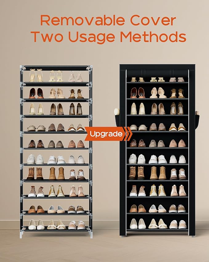 CASAMAYA Shoe Rack with Covers, 10 Tiers Tall Shoe Rack Organizer, Large Capacity Shoe Shelf Storage, Hold 30 Pairs of Shoes, Vertical Shoe Storage Organizer for Closet, Entryway, Black, SRT103B01