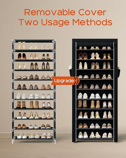 CASAMAYA Shoe Rack with Covers, 10 Tiers Tall Shoe Rack Organizer, Large Capacity Shoe Shelf Storage, Hold 30 Pairs of Shoes, Vertical Shoe Storage Organizer for Closet, Entryway, Black, SRT103B01