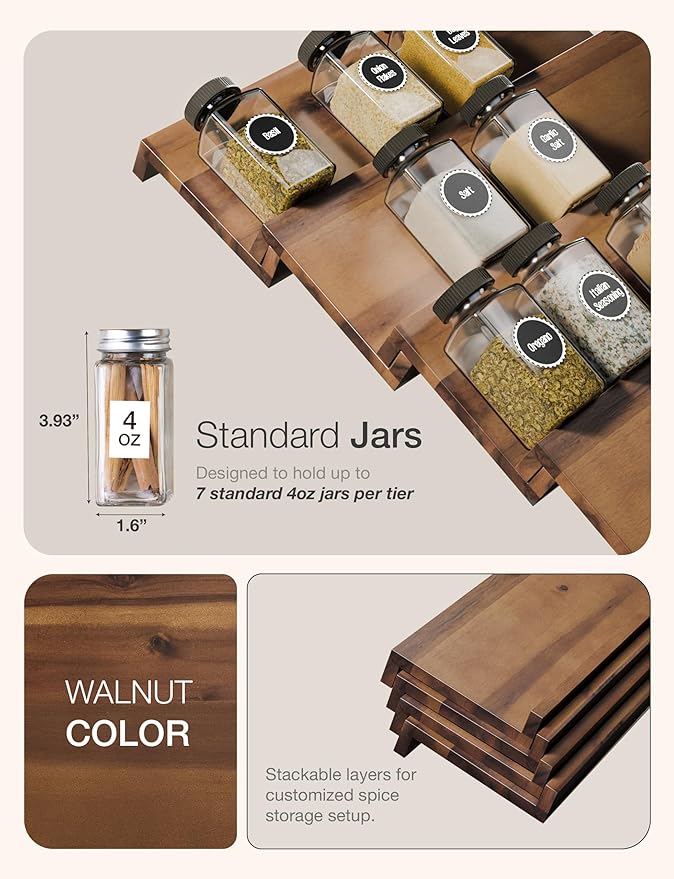Tinamo Acacia Wooden Spice Rack Organizer for Cabinet - Spice Drawer Insert, Spice Organization for Cabinet, Seasoning Organizer, Spice Holder Pack of 4 (Walnut, Pack 4)