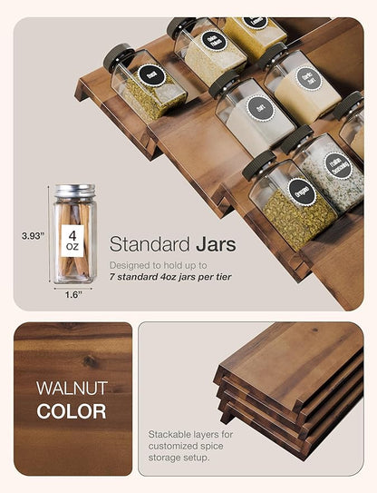 Tinamo Acacia Wooden Spice Rack Organizer for Cabinet - Spice Drawer Insert, Spice Organization for Cabinet, Seasoning Organizer, Spice Holder Pack of 4 (Walnut, Pack 4)