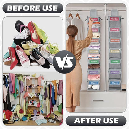 2 Pack 7 Shelf Weekly Clothes Organizer Hanging Closet for Kids with Side Pockets Weekday Shoes Rack Weekly Clothes Organizers Monday Through Weekend Foldable Storage Shelves(Gray)