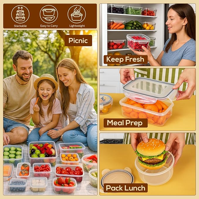 50 PCS Thicker Food Storage Containers with Lids, Clear Stackable Airtight Leakproof Reusable Plastic Meal Prep Container Set for Kitchen Storage/ Lunch, Fridge/ Microwave Safe with Labels&Pen