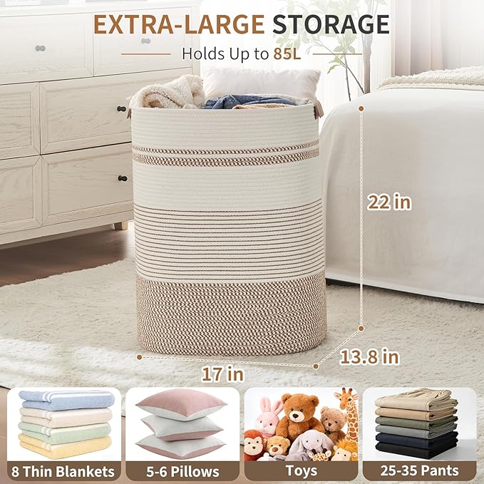 AINUOQI Laundry Basket with Handles - Blanket Basket & Hampers for Bedroom Aesthetic, Laundry Hamper & Blanket Storage for Living Room, Clothes Hamper, Tall, Large 17" x 14" x 22”, Brown & White