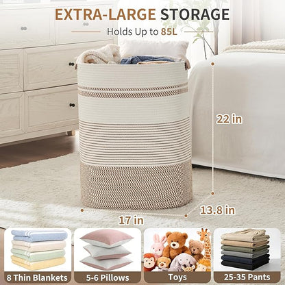 AINUOQI Laundry Basket with Handles - Blanket Basket & Hampers for Bedroom Aesthetic, Laundry Hamper & Blanket Storage for Living Room, Clothes Hamper, Tall, Large 17" x 14" x 22”, Brown & White