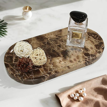 YMXYJM Genuine Real Natural Marble Tray for Bathroom, Luxury Dark Brown Stone Vanity Tray, Decorative Oval Trays for Countertop Storage, Vanity, Dresser, Kitchen, Home Decor, 11.8" x 6", Brown
