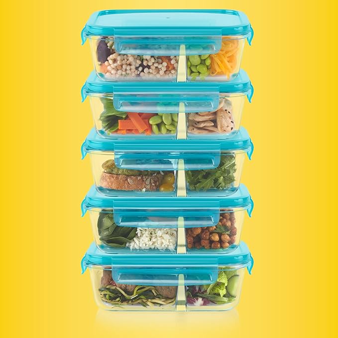 Pyrex Glass MealBox (5-Pack, 4 Cup) Divided Compartments with Locking Lids, For Meal Prepping and Portioning, BPA Free Microwave Dishwasher Safe