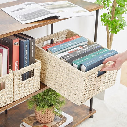 Vagusicc Wicker Storage Basket, Set of 3 Wicker Basket, Hand-Woven Paper Rope Storage Baskets for Organizing, Large Cube Storage Organizer Bins Baskets for Shelves Small Toilet Paper Baskets, Beige