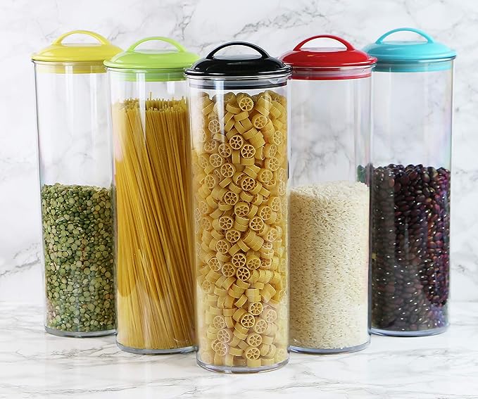 Reston Lloyd Tall Clear Spaghetti Pasta Storage Canister Container with Airtight Lid BPA Free for Kitchen Pantry Organization, Black