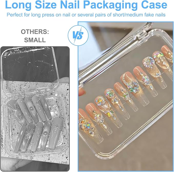 14Pcs Press On Nail Packaging Box Large,Press on Nail Storage Boxes for Press Ons Long, fit XL-3XL False Nail Display Cases with 60 Pcs Adhesive Tape, Plastic Clear Box for Fake Nails Storage Business