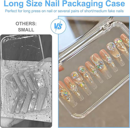 14Pcs Press On Nail Packaging Box Large,Press on Nail Storage Boxes for Press Ons Long, fit XL-3XL False Nail Display Cases with 60 Pcs Adhesive Tape, Plastic Clear Box for Fake Nails Storage Business