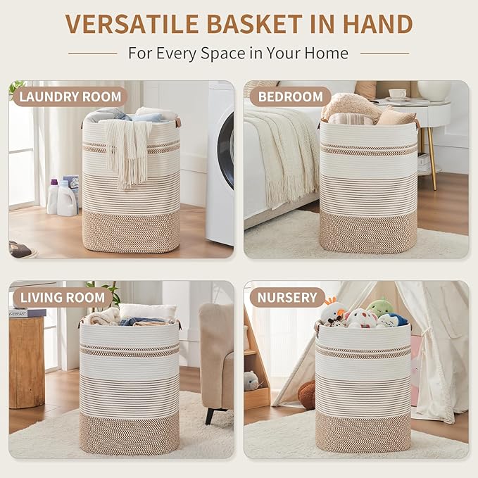 AINUOQI Laundry Basket with Handles - Blanket Basket & Hampers for Bedroom Aesthetic, Laundry Hamper & Blanket Storage for Living Room, Clothes Hamper, Tall, Large 17" x 14" x 22”, Brown & White