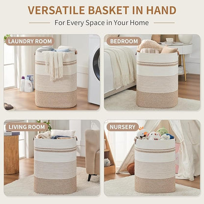 AINUOQI Laundry Basket with Handles - Blanket Basket & Hampers for Bedroom Aesthetic, Laundry Hamper & Blanket Storage for Living Room, Clothes Hamper, Tall, Large 17" x 14" x 22”, Brown & White