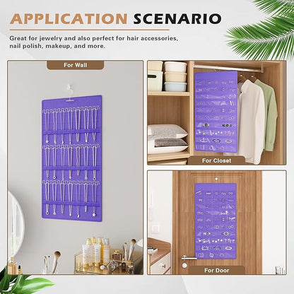 Hanging Jewelry Organizer Storage Roll, Double-Sided Necklaces Holder, 42 Pockets Plus 36 hooks Earrings Organizer Hang in Closet, On Wall, or Doors, Purple