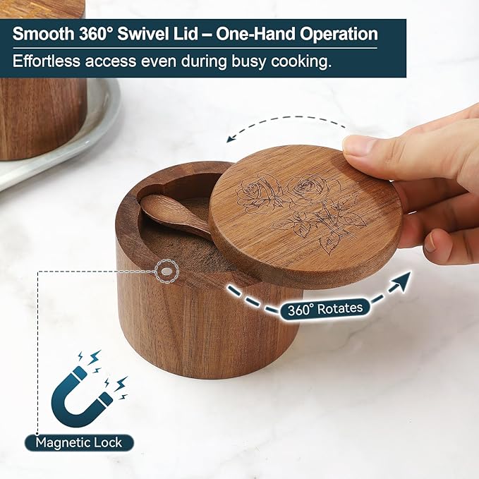 Timtopno Salt Cellar, 2PCS Salt Container Acacia Wood Salt and Pepper Box for Countertop with Built-in Spoon & Swivel Lid, Wood Salt Holder Bowl for Kitchen, Seasoning Storage (Rose & SALT Engraving)