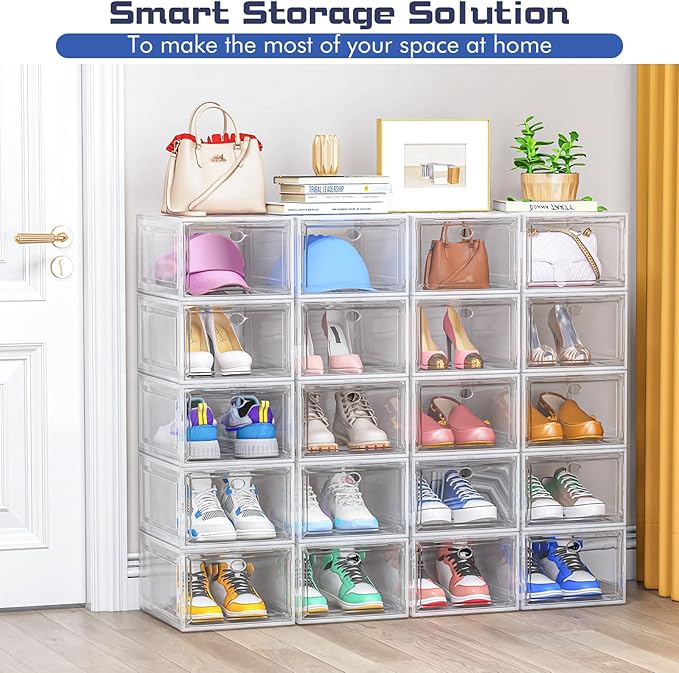 Shoe Storage Box, 9 Pcs Shoe Box Clear Plastic Stackable, Sturdy Foldable Shoe Organizer Containers with Magnetic Door for Women/Men, White