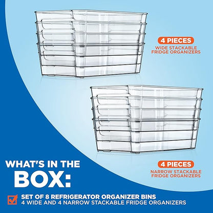 NutriChef Set of 8 Refrigerator Bins-4 Wide and 4 Narrow Stackable Fridge Organizers for Freezer, Kitchen, Countertops, Cabinets-Designed with Practical Carry Handles and Interior, 8 containers, Clear