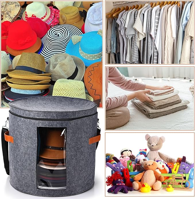 Suzile 4 Pcs Hat Boxes Oversized Round Cowboy Hat Storage Box for Women Men 19" x 17" Cowboy Large Felt Organizer Bag Baseball Cap Container with Dustproof Lid for Clothes Case Travel Gift(Gray)