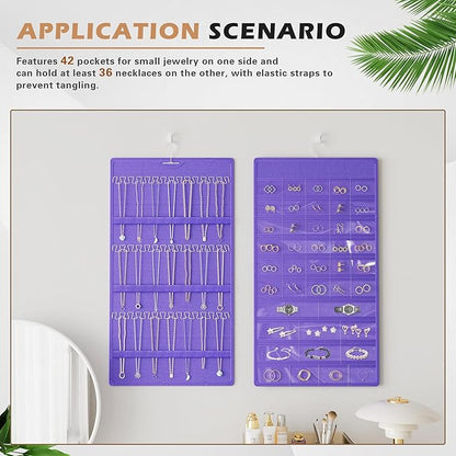 Hanging Jewelry Organizer Storage Roll, Double-Sided Necklaces Holder, 42 Pockets Plus 36 hooks Earrings Organizer Hang in Closet, On Wall, or Doors, Purple