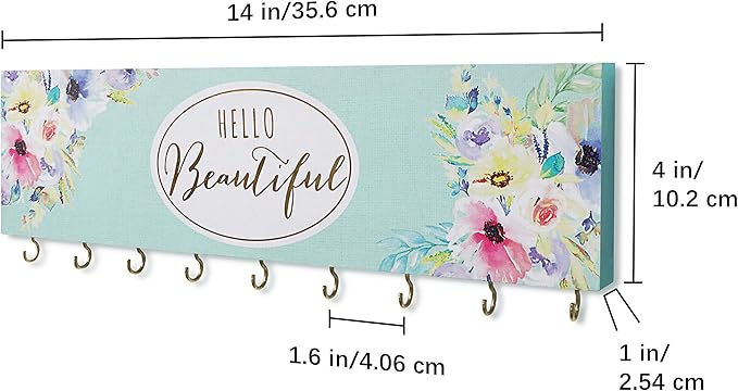 SANY DAYO HOME Wall Mount Necklace Holder Organizer with 9 Jewelry Hooks for Ring, Hair Bow, Headband, Purse - Wall Decor for Girls Room - Hello Beautiful
