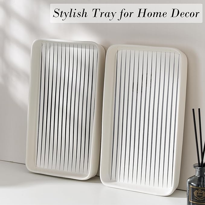 Bathroom Vanity Tray for Countertop,2PC Rectangle Striped Tray,Decorative Bathroom Organizer for Scrubber, Lotion Bottles, Perfume, Jewelry, Candle, Key Trinket Ring(Large,White)