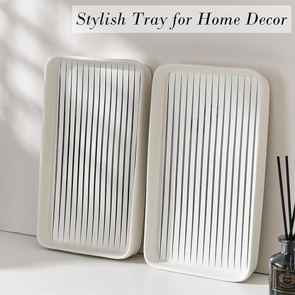 Bathroom Vanity Tray for Countertop,2PC Rectangle Striped Tray,Decorative Bathroom Organizer for Scrubber, Lotion Bottles, Perfume, Jewelry, Candle, Key Trinket Ring(Large,White)