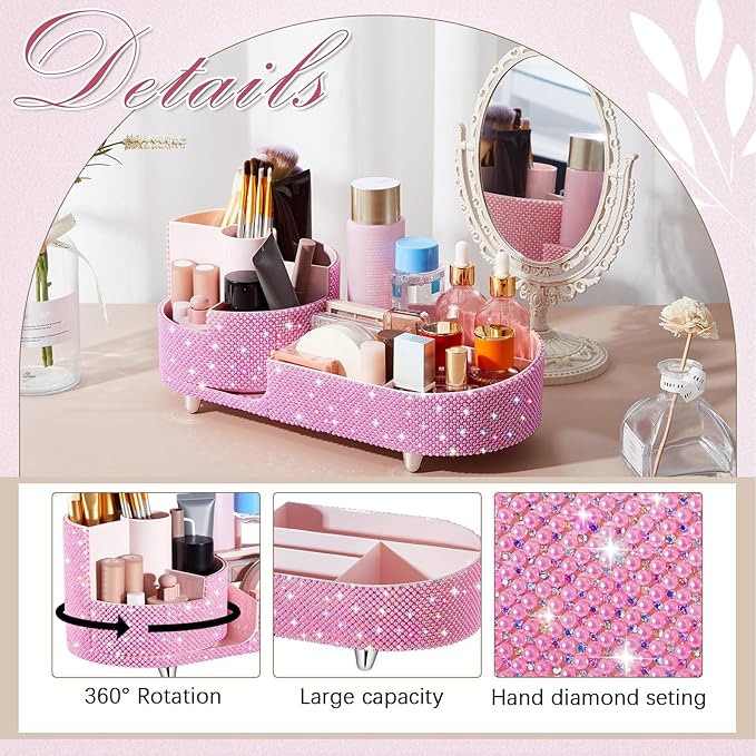 Teen Girls Mother's Day 360 Rotating Bling Makeup Organizer Gift Rhinestone Diamond Bathroom Organizer Girly Skin Care Brush Holder for Countertop, Bathroom Essentials(Pink,Pearl)