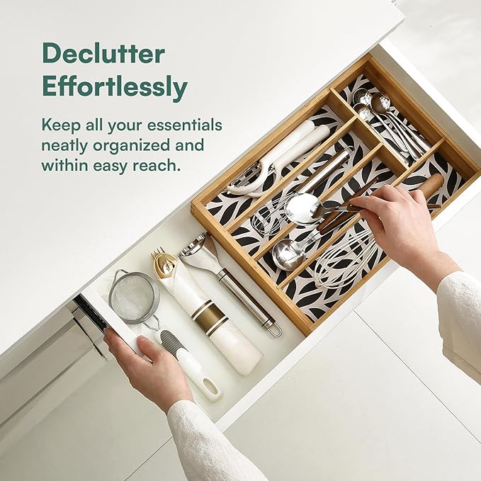 Pristine Bamboo Kitchen Drawer Organizer - Silverware & Utensil Organizer, 5-Slot, Geometric Print