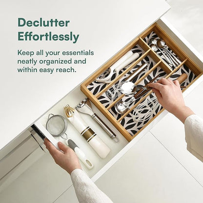 Pristine Bamboo Kitchen Drawer Organizer - Silverware & Utensil Organizer, 5-Slot, Geometric Print