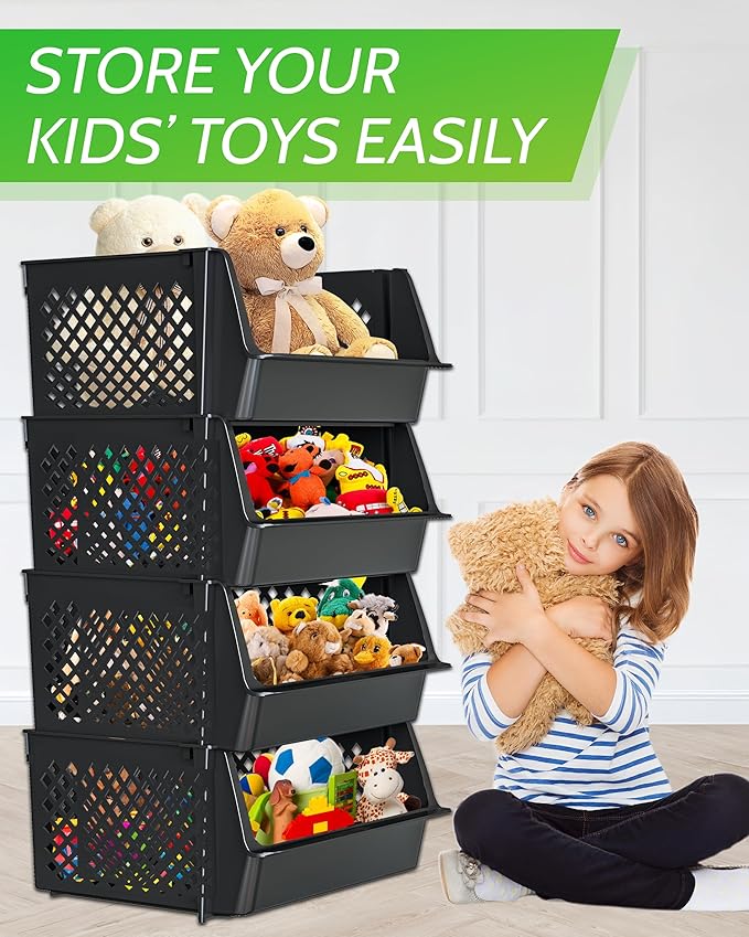 TidyFriend 4 Pk Large Stackable Storage Bins Open Front for Pantry Organizers and Storage, Pantry Storage for Food, Kitchen and Home Organization, Plastic Storage Bins, Dorm Room Essentials (Black)