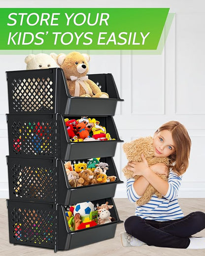 TidyFriend 4 Pk Large Stackable Storage Bins Open Front for Pantry Organizers and Storage, Pantry Storage for Food, Kitchen and Home Organization, Plastic Storage Bins, Dorm Room Essentials (Black)