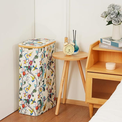 efluky Slim Laundry Basket with Lid, Narrow Laundry Hamper with Removable Bag, Skinny Dirty Clothes Basket with Bamboo Handles for Bathroom, Bedroom & Laundry Room, 75L Floral