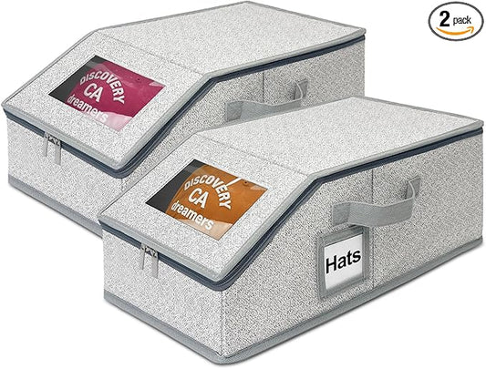 2 Pack Stackable Baseball Cap Organizer for Closet, Holds 24 Hats Each – Hat Storage Boxes with Cardboard Support, Snapback & Fitted Cap Holder, Space-Saving Hat Rack for Men, Grey (Casual, 2, Pack)