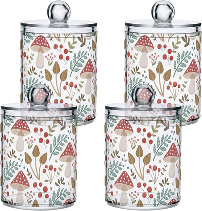 2 Pack Apothecary Jars Bathroom Mushroom Leaves Qtip Holder Dispenser Clear Plastic Storage Canister Jar with Lid for Cotton Ball, Cotton Swab