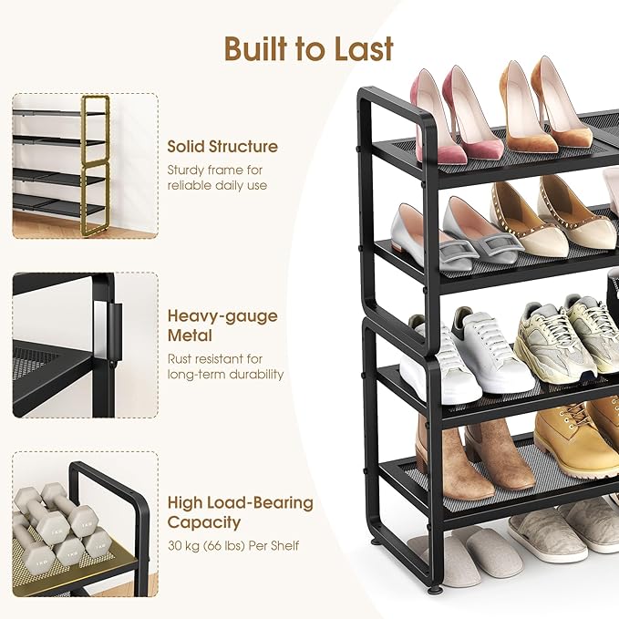 SAYZH Expandable Shoe Rack for Closet, Adjustable Metal Shoe Organizer with Sturdy Mesh Shelves for Boots & Heels, Stackable Shoe Storage for Entryway, Garage, Small Spaces (Black, 4-Tier)