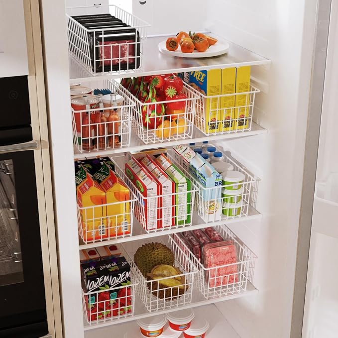 Orgneas Freezer Organizer Bins, Upright Freezer Basket Drawer Organizer Bins, Better Air Circulation Metal Wire Storage Container Bin For Chest Deep Freezers, Easy Sort & Get Food, 2 Large 2 Medium