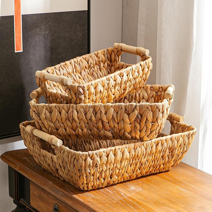 Mowtanco Woven Storage Baskets – Set of 3 Handwoven Water Hyacinth Wicker Baskets with Wooden Handles for Organizing, Decorative Baskets for Laundry Room, Home Decor - Large, Medium & Small