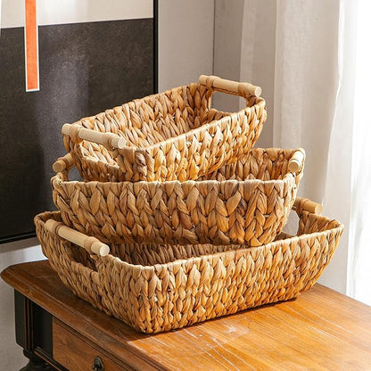 Mowtanco Woven Storage Baskets – Set of 3 Handwoven Water Hyacinth Wicker Baskets with Wooden Handles for Organizing, Decorative Baskets for Laundry Room, Home Decor - Large, Medium & Small