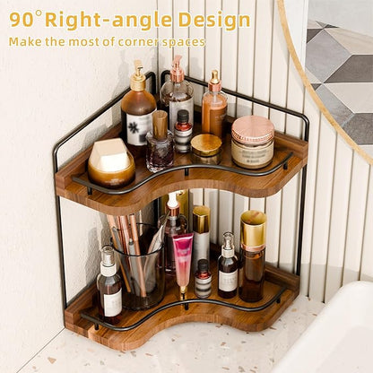2-Tier Corner Bathroom Counter Organizer with Embedded Screw Holes, Secure & Stable Wood Vanity Shelf for Makeup and Skincare Essentials - Space Saving Bathroom Countertop Storage(Acacia wood-Brown)
