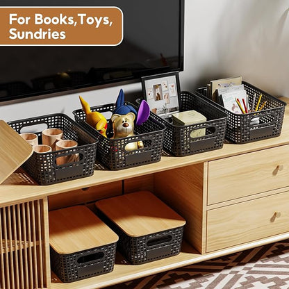 8 Pcs Plastic Storage Bins with Bamboo Lids and Labels 5.29qt Stackable Box Basket Pantry Decorative Containers, Small Storage Baskets for Desktop Organizing Shelves Bedrooms Cabinets 10*7.2*4.1"