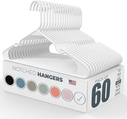 White Medium Weight Premium Plastic Hangers w/ Notches and Reinforced Shoulders, American Made Long Lasting Quality Hangers, VALUE Set of 60