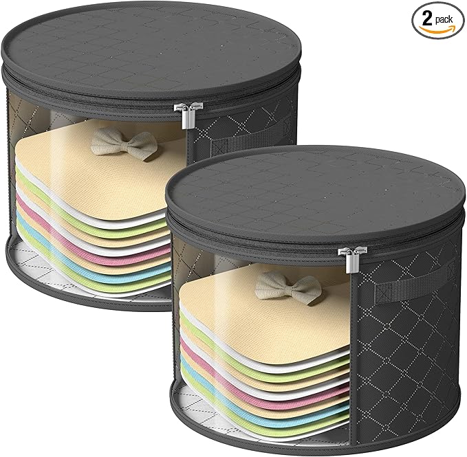 Veki 2pack Clear Hat Organizer for Closet, Hat Boxes for Women Storage With Dustproof Lids, Hat Box for Travel and Storage, Cowboy Hat, Stackable Round Brim Hats Organizer Bag Container (Pure Black)