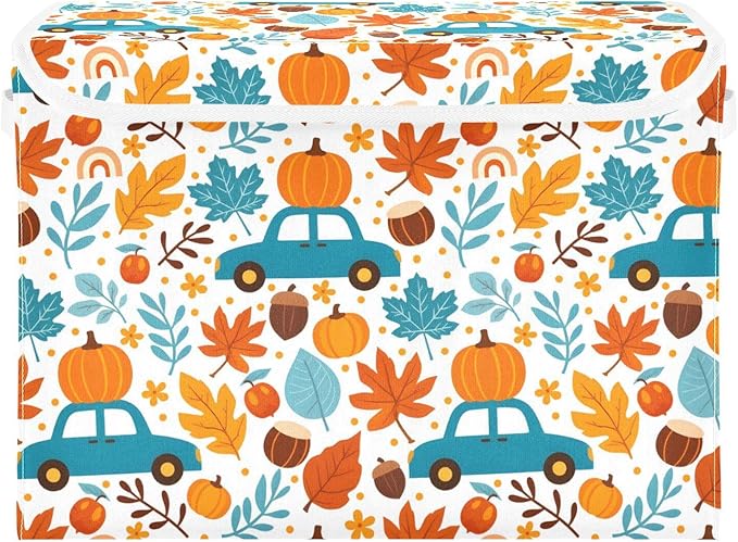 senya Thanksgiving Storage Baskets Collapsible Storage Bins with Lids, Thanksgiving Fall Maple Leaves Truck Pumpkins Storage Boxes Clothes Baskets for Organizing