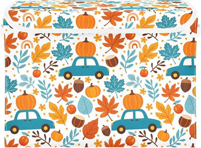 senya Thanksgiving Storage Baskets Collapsible Storage Bins with Lids, Thanksgiving Fall Maple Leaves Truck Pumpkins Storage Boxes Clothes Baskets for Organizing