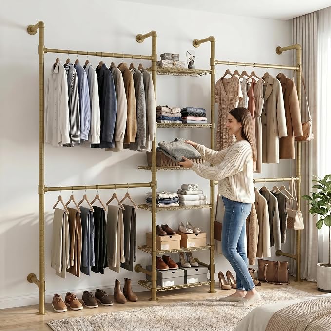 F3 Wall Mounted Closet System, Industrial Pipe Clothing Rack for Hanging Clothes, Heavy Duty Closet Organizer System, Clothes Racks with Shelves & Expandable Rod for Wardrobe, Corner, Gold