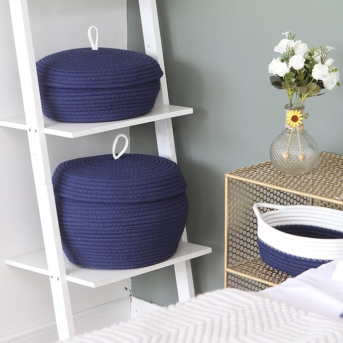 Sea Team Round Cotton Rope Storage Basket with Lid, Decorative Woven Storage Bin, Pot, Caddy, Organizer, Container for Snacks, Towels, Plants, 13 x 9 Inches (Large, Dark Blue)