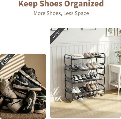 4Tier Shoe Rack - Expandable Shoe Organizer for Closet, Adjustable Metal Shoe Shelf Storage, Stackable Long Shoe Stand Holder for Garage, Entryway, Door Entrance