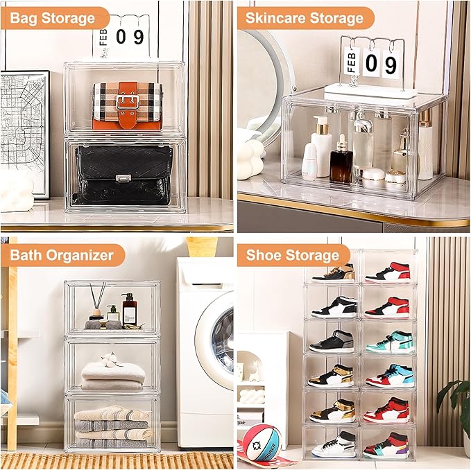 BVBOX Acrylic Shoe Storage Boxes with Magnetic Door - 360° Clear Stackable Shoe Display Box Set, Plastic Shoe Cabinet Rack Box for Sneakers Heels Shoes (1, Clear, XL - Side Open)