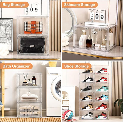 BVBOX Acrylic Shoe Storage Boxes with Magnetic Door - 360° Clear Stackable Shoe Display Box Set, Plastic Shoe Cabinet Rack Box for Sneakers Heels Shoes (1, Clear, XL - Side Open)
